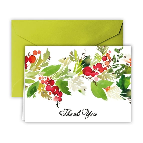 Paper Frenzy Artistic Watercolor Garland Thank You Note Cards and Lime Green Envelopes 25 pack