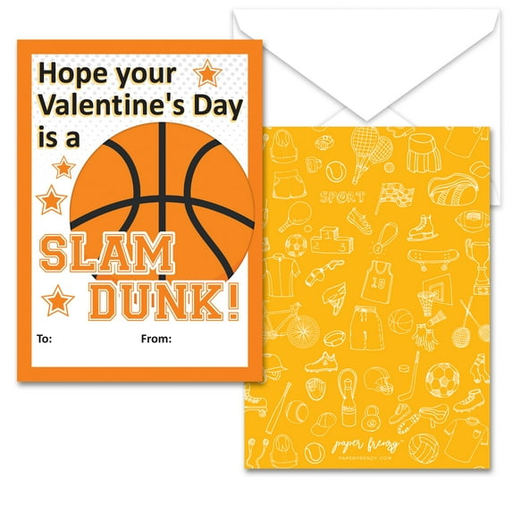 Paper Frenzy Basketball Valentines, Fun Colors, 25 Pack, Greeting Cards with Envelopes