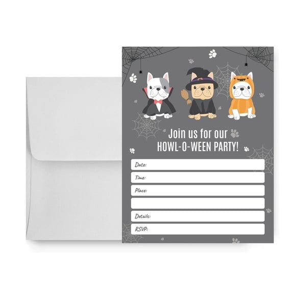 Paper Frenzy Dog Themed Howl-o-Ween Halloween Party Write In Invitations and Envelopes - 25 pack, Howl-O-Ween Party