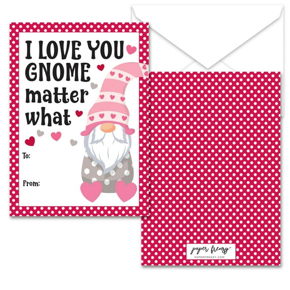 Paper Frenzy Gnome Themed Valentine's Day Greeting Cards with Envelopes, 25 Count