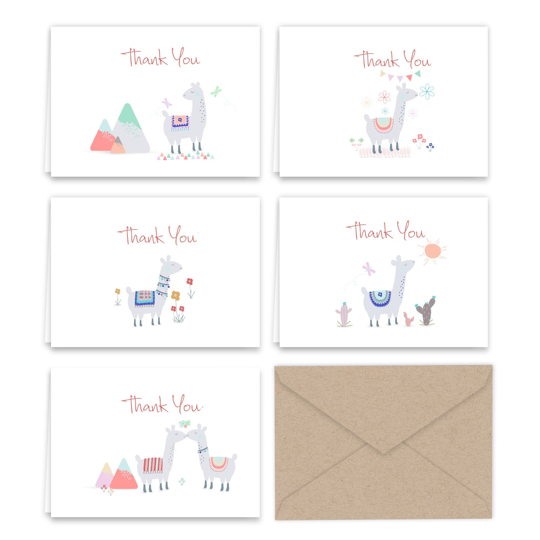 Paper Frenzy Llama Thank You Note Cards & Kraft Envelopes -- 25 pack ...
