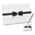 thumbnail image 1 of Paper Frenzy Luxury White Satin with Black Tuxedo Bow Wedding Guest Book and Pen Set, White / Black Tuxedo Bow, 1 of 1