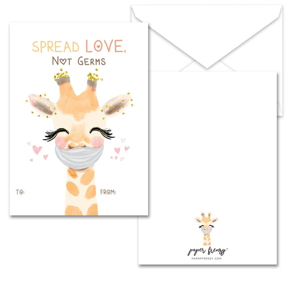 Paper Frenzy Quarantine Masked Giraffe Valentines - 25 pack WITH ENVELOPES