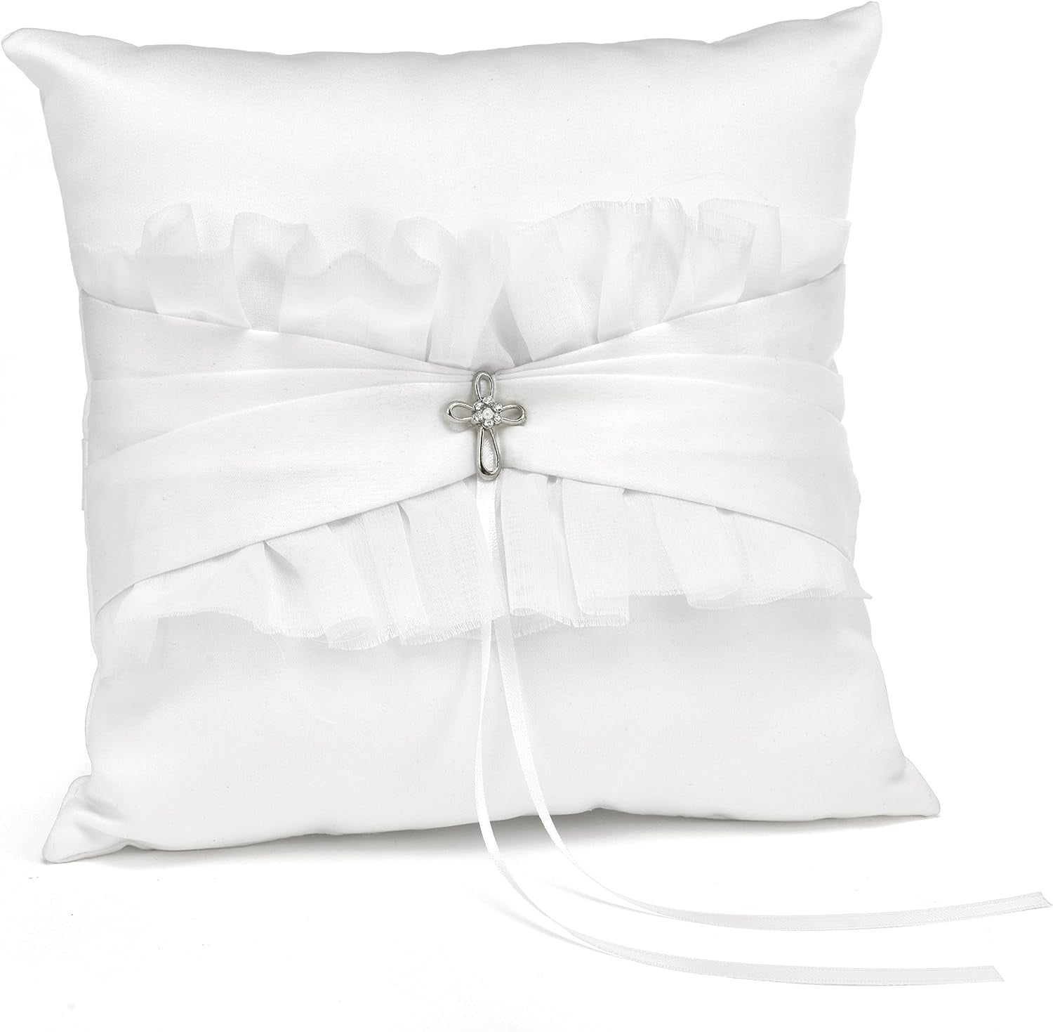 White Satin and Chiffon Wedding Ring Bearer Pillow with Cross