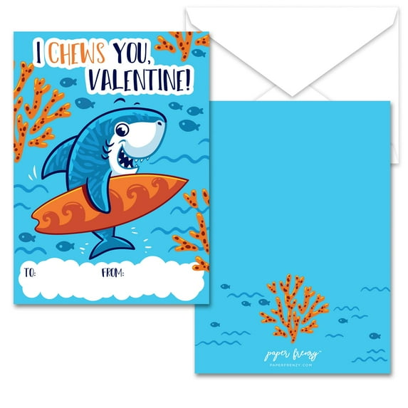 Paper Frenzy Shark Themed Valentines - 25 pack WITH ENVELOPES