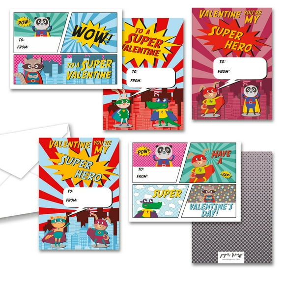 Paper Frenzy Super Hero Themed Valentine Cards WITH ENVELOPES - 25 Pack