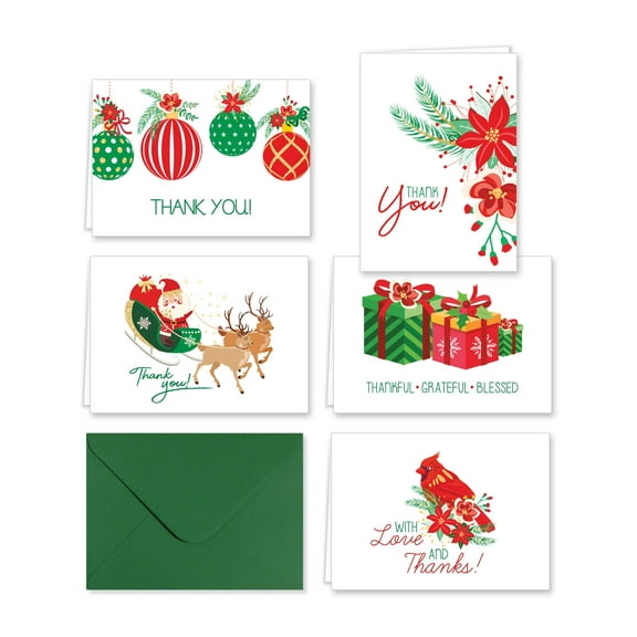 Paper Frenzy Traditional Christmas Thank You Note Cards and Envelopes - 25 pack