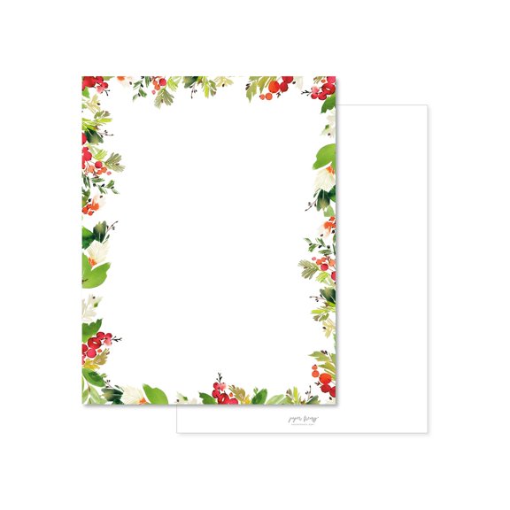 Paper Frenzy Watercolor Peace Garland with Berries Holiday Christmas Letterhead Paper Pack of 75, Watercolor Garland