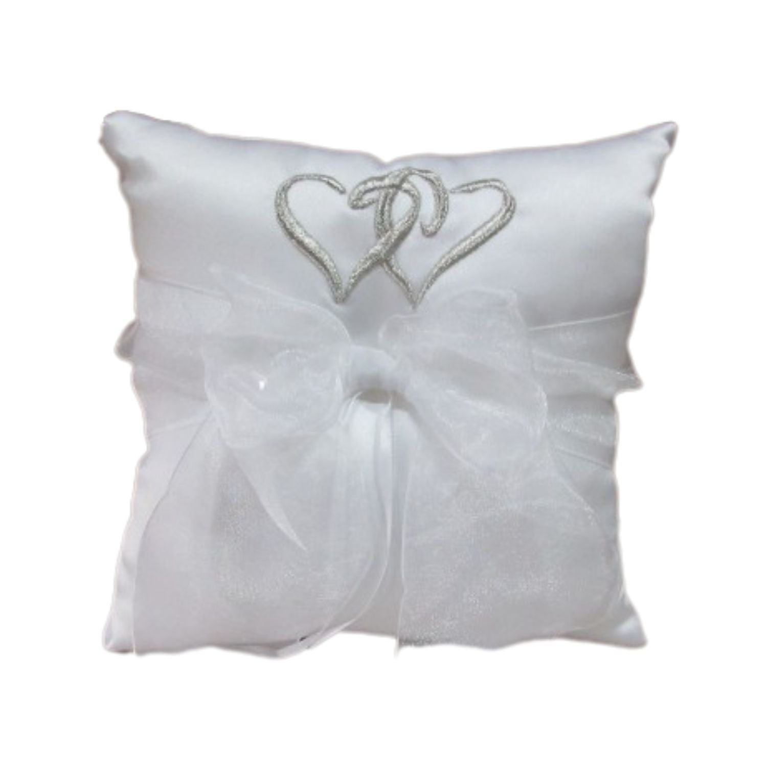 White Satin Square Ring Bearer Pillow with Silver Hearts
