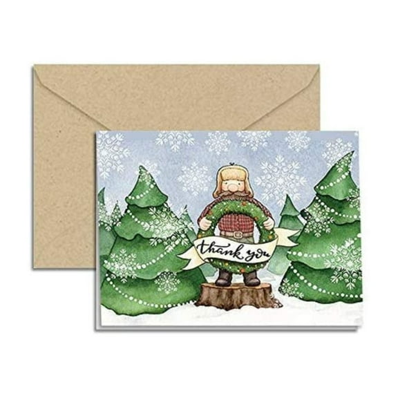 Paper Frenzy Winter Lumberjack Christmas Holiday Thank You Note Cards with Kraft Envelopes - 25 pack