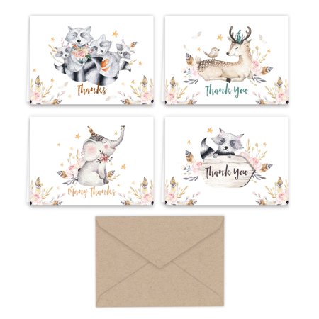 Paper Frenzy Woodland Animals Thank You Note Cards and Kraft Envelopes 24 pack