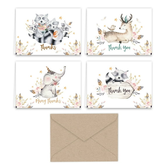 Paper Frenzy Woodland Animals Thank You Note Cards and Kraft Envelopes 24 pack