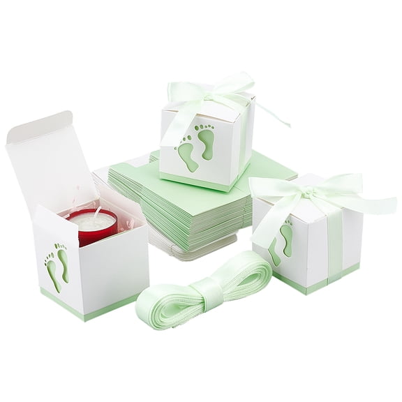 Paper Gift Box with Ribbon Folding Boxes with Foot Print Pattern Wedding Decoration Square Pale Green 6.1x6.1x6.1cm for DIY