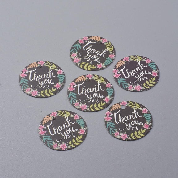 Paper Gift Tags Hange Tags For Arts and Crafts Thanksgiving Round with Flower and Word Thank You Pattern Black 30x0.4mm Hole: 3mm