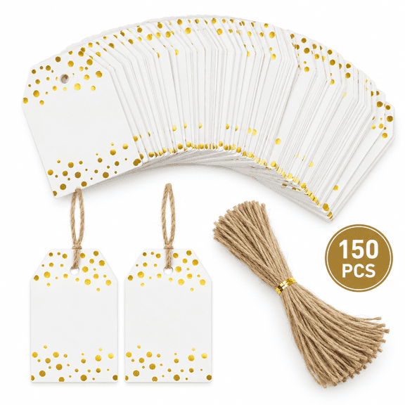 Paper Gift Tags with String, Gold Foil Dots Blank White Present Labels, 150 Pcs for Holiday Wedding Birthday Favors Wrapping