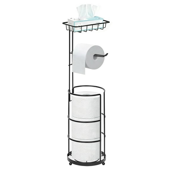 stusgo Free Standing Toilet Paper Holder with Storage, Detachable Toilet Paper Roll Holder Stand with Shelf, Holds 4 Mega Rolls, Modern Bathroom Tissue Holder, Black
