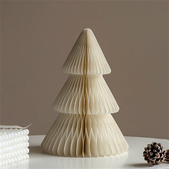 Paper Honeycomb Tabletop Christmas Tree, Folding Honeycomb Paper Desktop Ornament for Holiday Party, Home Tabletop Shelf Mantel Festive Decor, Red Green Ivory Beige