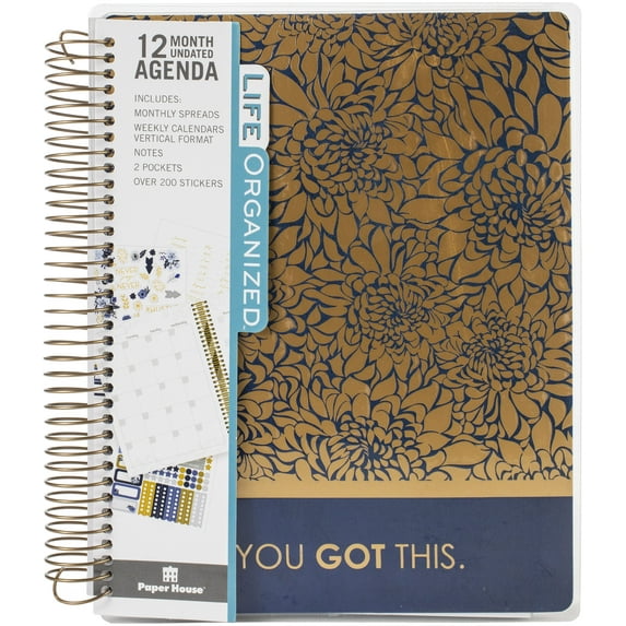 Paper House 12-Month Undated Planner-Brass Dahlia With Navy Background