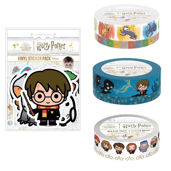 Paper House Harry Potter Sticker & Washi Tape Variety Set 50 Vinyl Sticker Pack + 3 Rolls of Harry Potter Washi Tape
