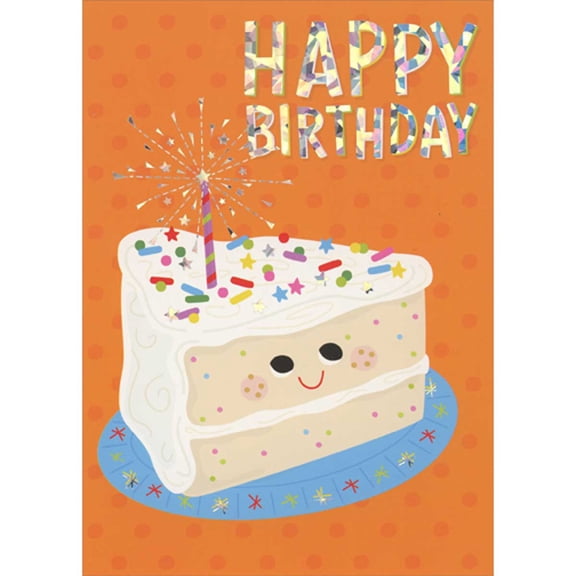 Paper House Productions Birthday Card for Kids: Cute Smiley Face Slice of White Cake with Sprinkles