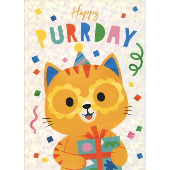 Paper House Productions Happy Purrday: Yellow Cat Wearing Flower Shaped Glasses Birthday Card for Kid