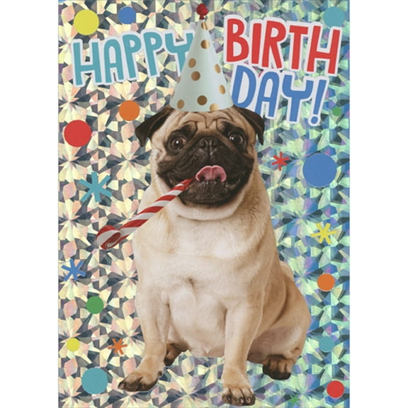 Paper House Productions Pug with Party Hat and Noise Maker on Silver Holographic Foil Birthday Card