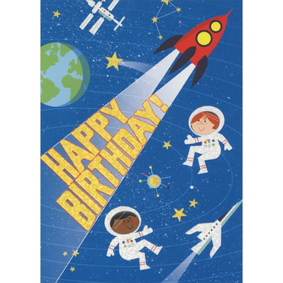 Paper House Productions Red Rocket Zooming by Two Astronauts Floating in Space Birthday Card for Kid