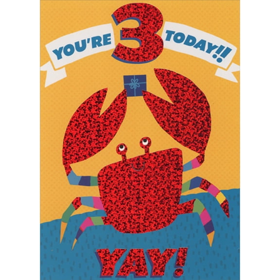 Paper House Productions You're 3 Today: Sparkling Red Crab Holding Tiny Gift 3rd Birthday Card
