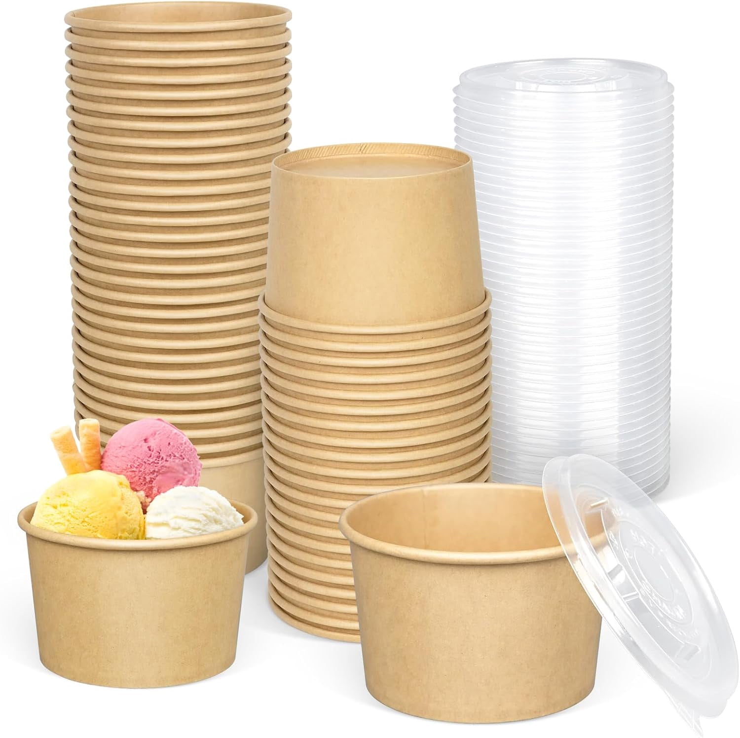 Paper Ice Cream Cups with Lids, 50 pcs 16oz Disposable Dessert Bowls with Lids for Hot or Cold Food, Paper Snack Containers for Sundae, Frozen Yogurt, Soup (Brown)