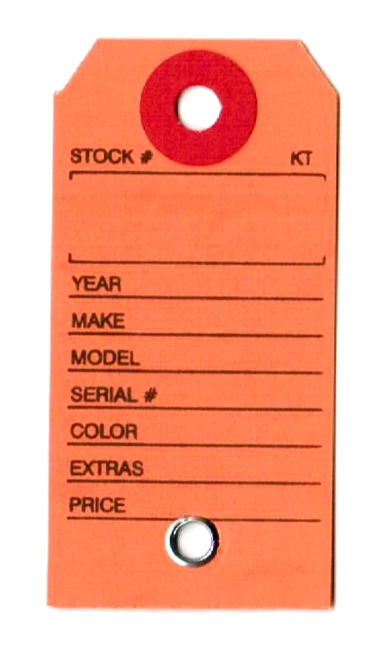 Paper Key Tag for Car with Hang Ring, 1-3/8" x 2-3/4", Printed in Black on Orange Stock, Fiber Reinforced Key Ring Hole - Box of 1,000