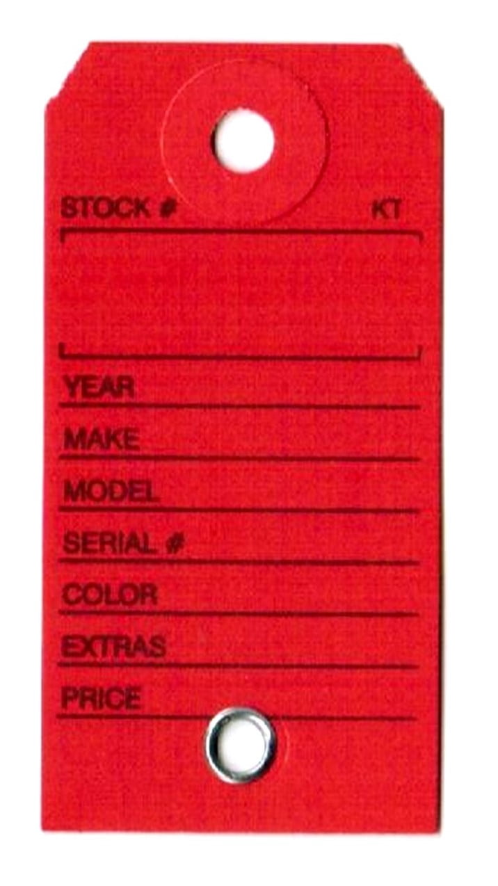 Paper Key Tag for Car with Hang Ring, 1-3/8" x 2-3/4", Printed in Black on Red Stock, Fiber Reinforced Key Ring Hole - Box of 1,000