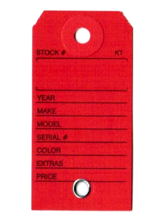 Paper Key Tag for Car with Hang Ring, 1-3/8" x 2-3/4", Printed in Black on Red Stock, Fiber Reinforced Key Ring Hole - Box of 1,000
