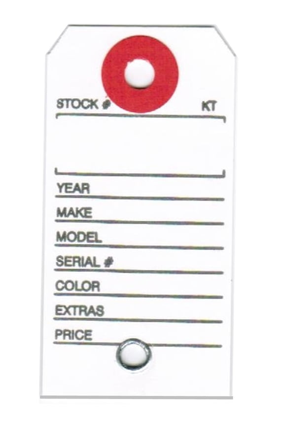 Paper Key Tag for Car with Hang Ring, 1-3/8" x 2-3/4", Printed in Black on White Stock, Fiber Reinforced Key Ring Hole - Box of 1,000