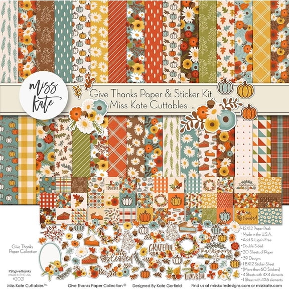 Paper &  Kit - Give Thanks - Thanksgiving - 20 Double-Sided 12x12 Papers with 39 Designs & 1 8X12  Sheet - Scrapbooking Card Making Crafting - by