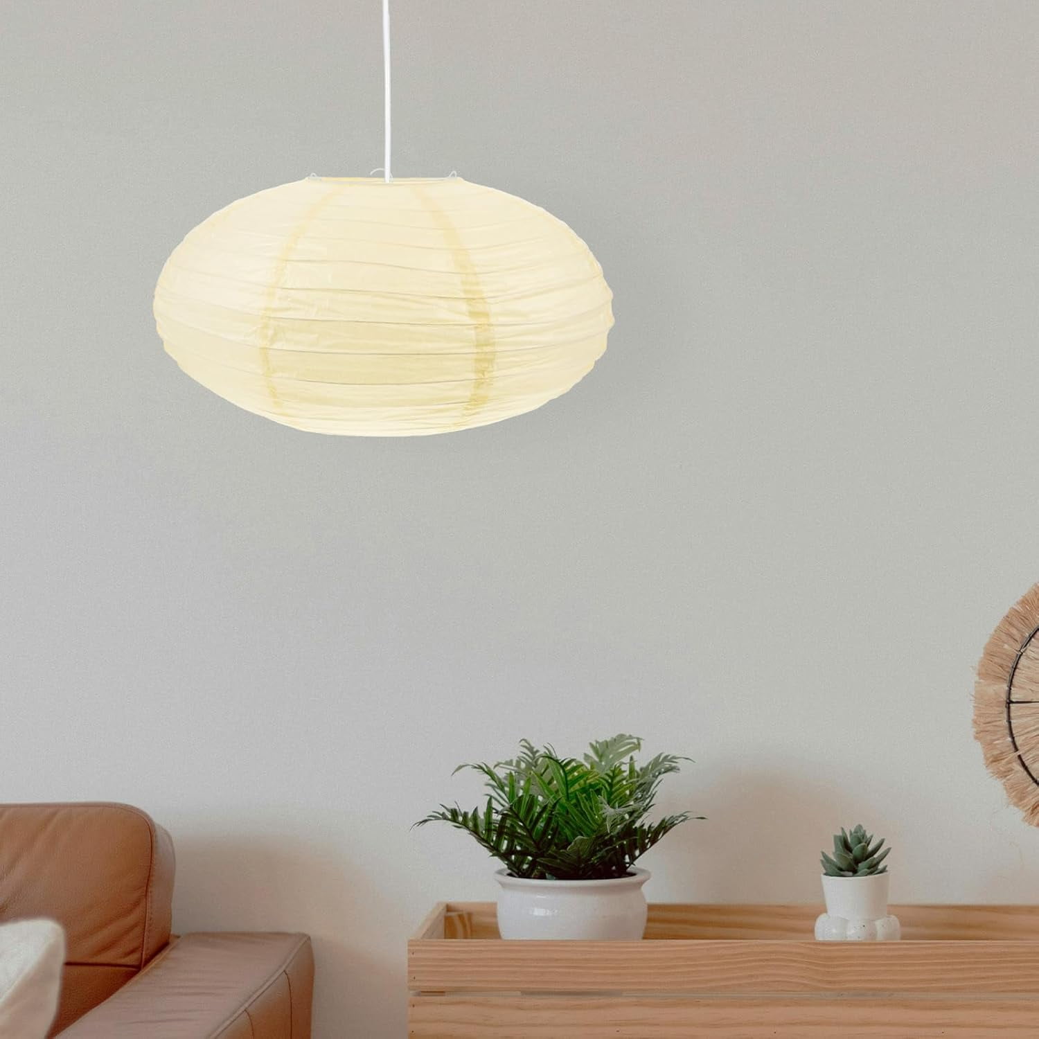 Paper Lantern Lampshade - Folding Hanging Lamp Shade - Oval - Beige ...