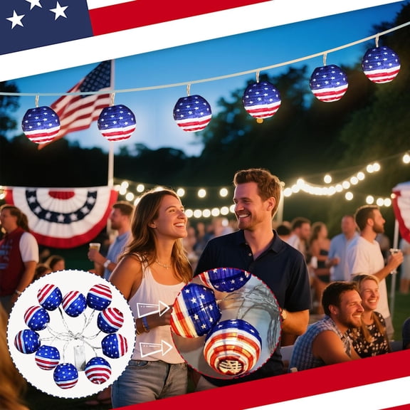 Paper Lantern String Lights, 4Th of July Lights Outdoor, 3 in Collapsible Paper Fixtures, Battery Powered Ambient Glow, Backyard Independence Day, Flag Motif, 1 Set 10 Lantern