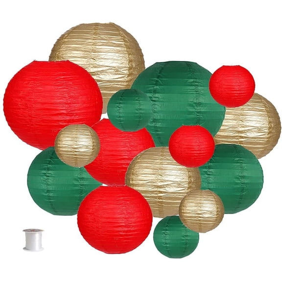 Paper Lanterns Decorative, Round Hanging Paper Lanterns Decorations for Christmas Graduation Anniversary Birthday Party Supplies Green/Red/Gold 15pcs