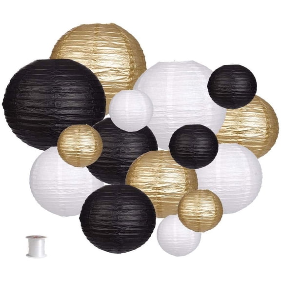 Paper Lanterns Decorative, Round Hanging Paper Lanterns Decorations for Wedding Graduation Anniversary Birthday Party Supplies Black/Gold/White 15pcs