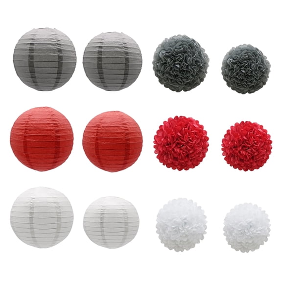 Paper Lanterns and Pom Poms Decoration Set, 3 Large + 3 Small Paper Lanterns, 6 Large + 6 Small Paper Pom Poms in Red White Gray, for Home Party Wedding Birthday Decor - Includes Assorted Sizes Paper