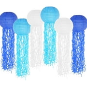 Paper Lanterns, Royal Blue White Hanging Jelly Fish Lanterns for Mermaid Under The Sea Ocean Birthday Party Decorations Set of 6