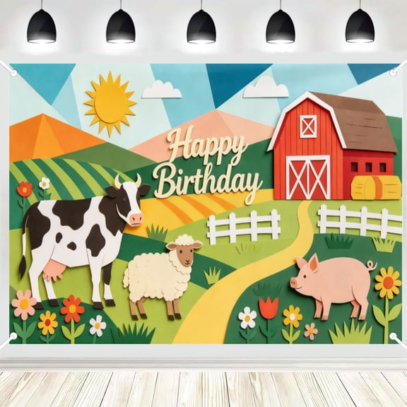 Paper Layer Farm Animal Birthday Backdrop, Barnyard Cow Pig Sheep Kids Party Photography Background 3x5ft