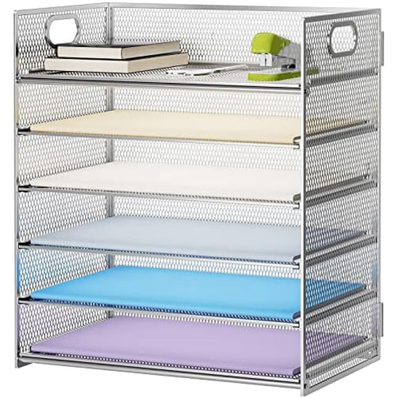 Paper Letter Tray - 6 Tier Mesh File Organizer with Handle, Paper Sorter for Letter/A4 Office File Folder Holder - Silver