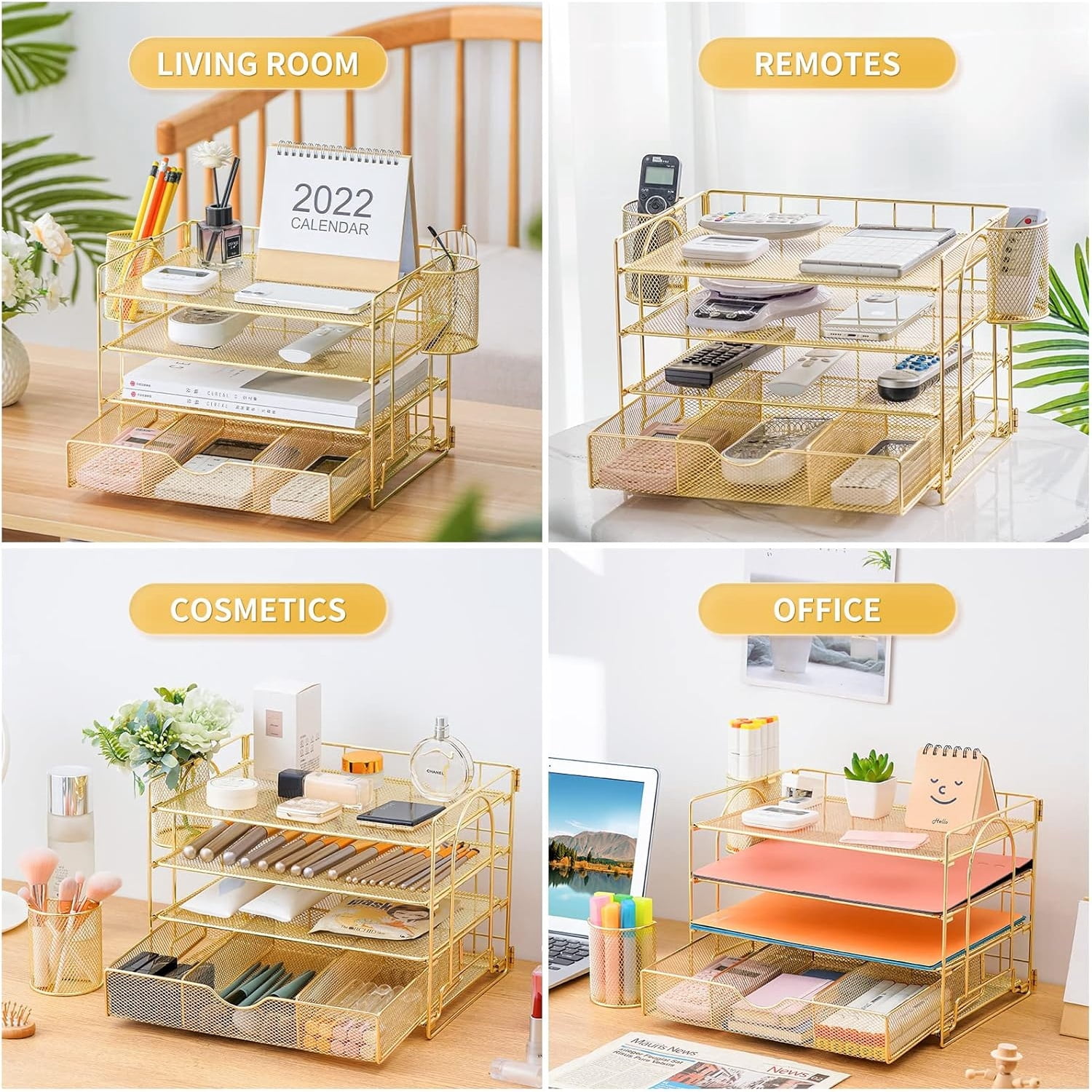 Paper Letter Tray Organizer with File Holder, 4-Tier Desk Accessories & Workspace Desk Organizers with Drawer and 2 Pen Holder for Office Supplies (Gold)