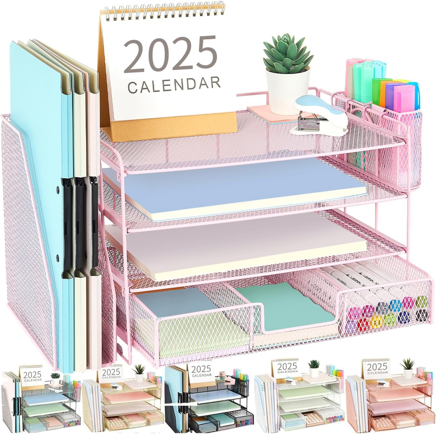 Desk Organizers and Accessories with File Holder, 4-Tier Desk Accessories & Workspace Organizers with Drawer and 2 Pen Holder, Paper Organizer for Office Supplies (Pink)