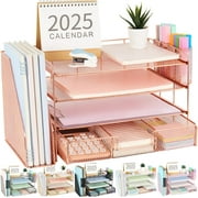 Paper Letter Tray Organizer with File Holder, 4-Tier Desk Accessories & Workspace Desk Organizers with Drawer and 2 Pen Holder for Office Supplies (Rose Gold)