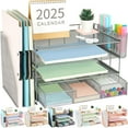 thumbnail image 1 of Paper Letter Tray Organizer with File Holder, 4-Tier Desk Accessories & Workspace Desk Organizers with Drawer and 2 Pen Holder for Office Supplies (Rose Gold), 1 of 7