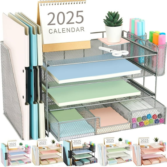 Paper Letter Tray Organizer with File Holder, 4-Tier Desk Accessories & Workspace Desk Organizers with Drawer and 2 Pen Holder for Office Supplies (Rose Gold)