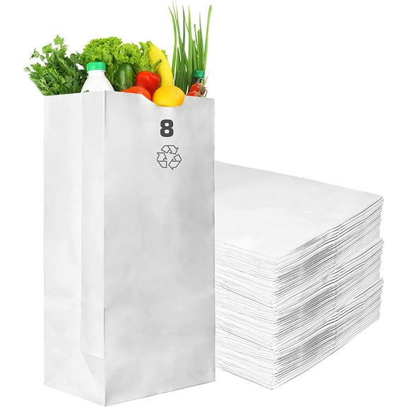 Paper Lunch Bags 8 Lb White Paper Bags 8LB Capacity - Kraft White Paper Bags, Bakery Bags, Candy Bags, Lunch Bags, Grocery Bags, Craft Bags - #8 Lunch Paper Bags by EcoQuality (100, #8 - 8LB)