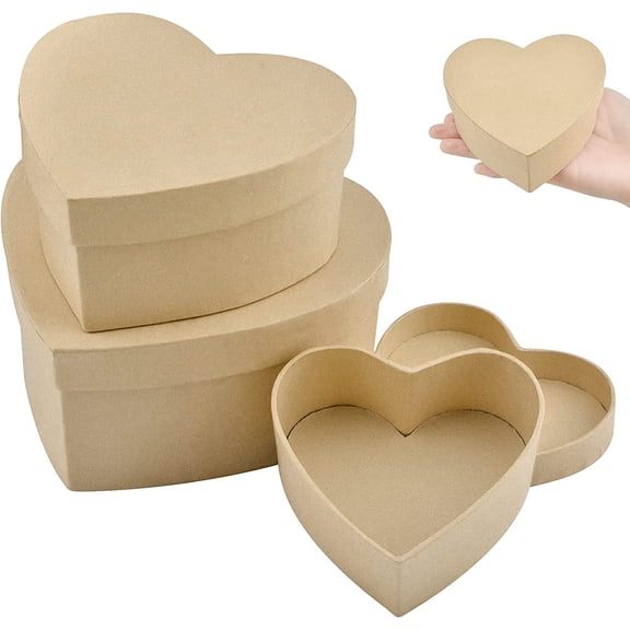Paper Mache Box, Set of 3 Heart Paper Mache Hat Boxes Kraft Paper Containers with Lids Ideal for Painting Crafting & Storage Accessories Cosmetics Jewelry Gifts