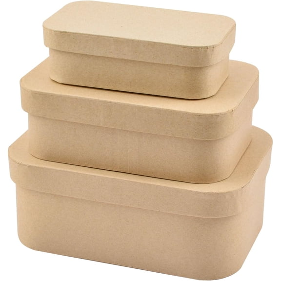 Paper Mache Box, Set of 3 Rectangular Paper Mache Hat Boxes Kraft Paper Containers with Round Angles Ideal for Painting Crafting & Storage Accessories Cosmetics Jewelry Gifts